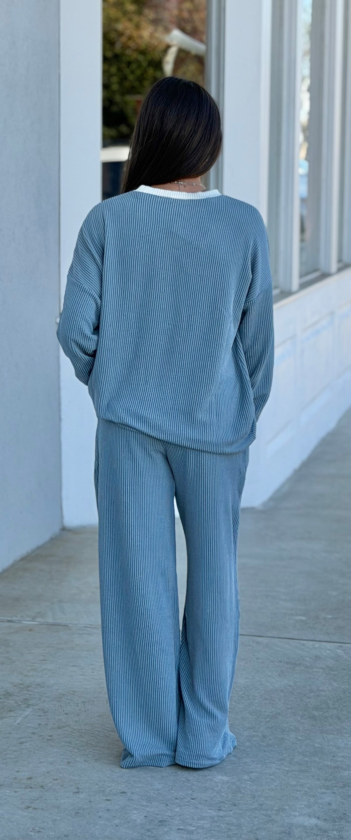 Raised Rib Round Neck Pullover & Pants SET, Blue Grey
