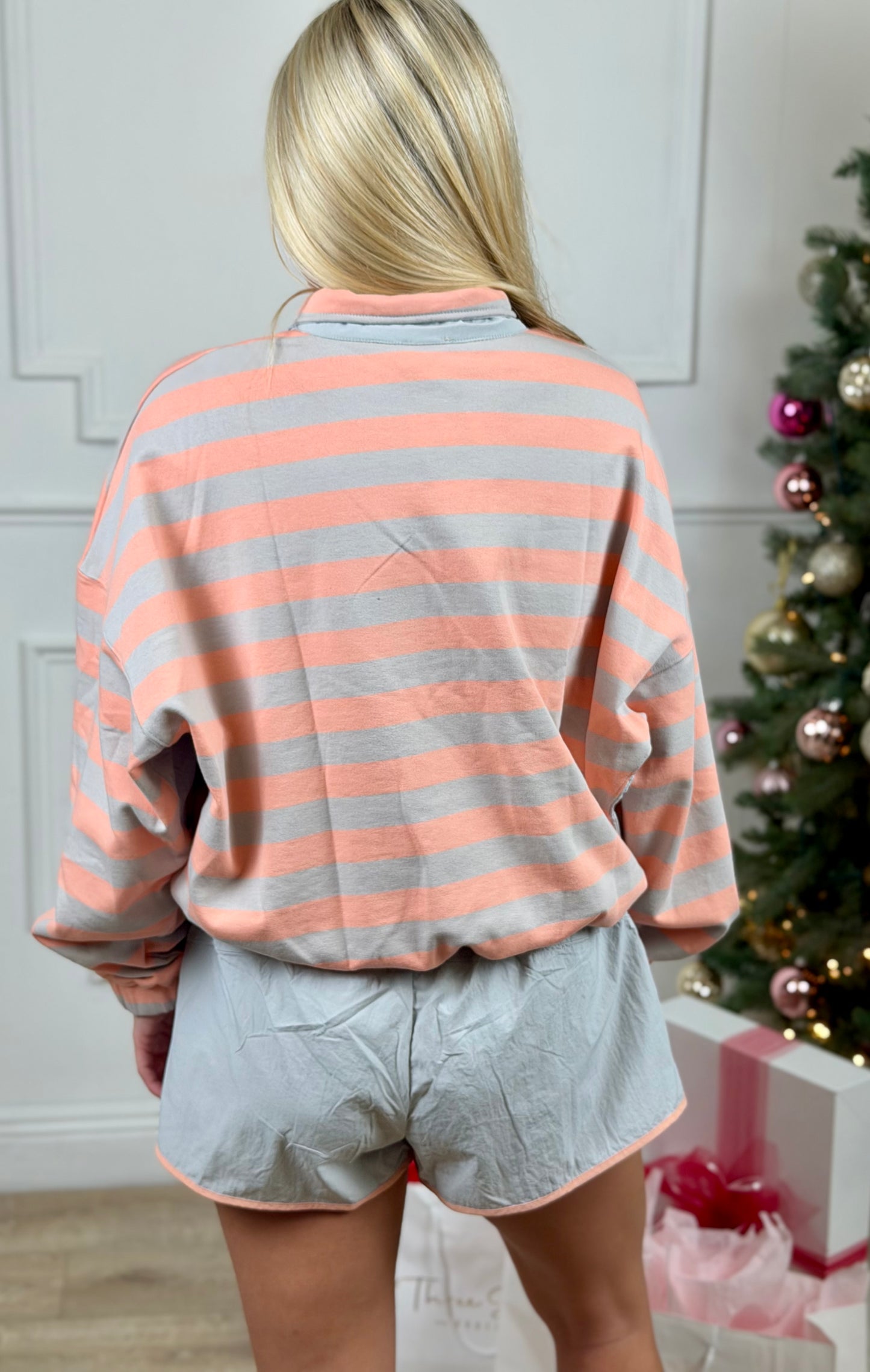 Grey Salmon Stripe Terry Semi Button Pullover