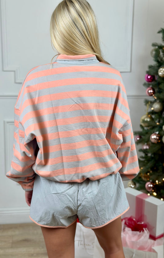 Grey Salmon Stripe Terry Semi Button Pullover