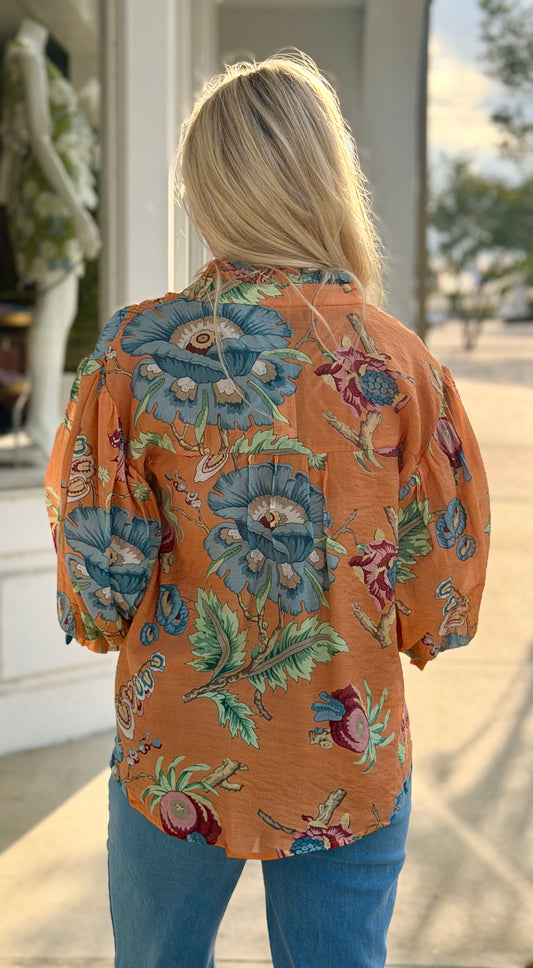 Printed Top 3/4 Gathered Balloon Sleeve, Coral