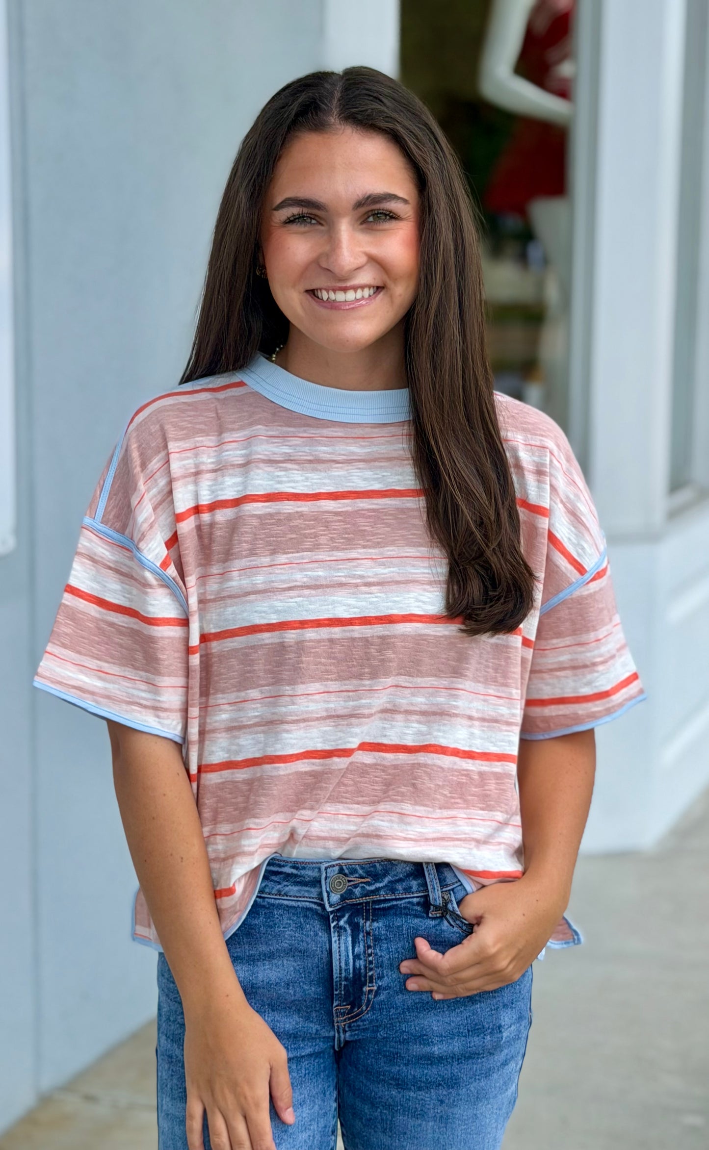 Coral Breeze Striped Boxy T Shirt
