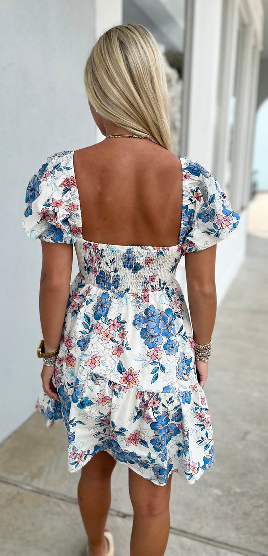 Blue Floral Puff Sleeve Tiered Mini Dress