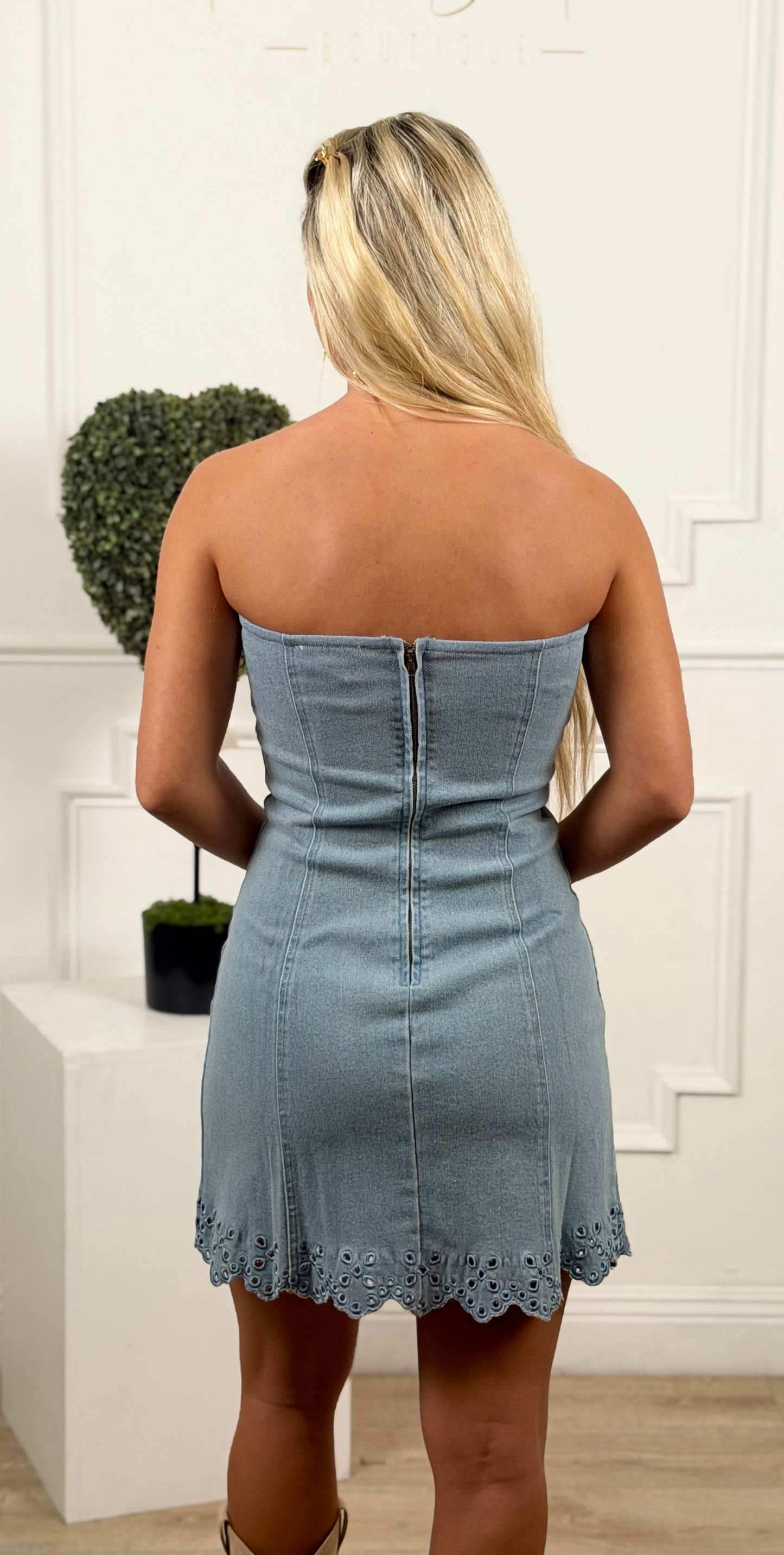 Denim Scalloped Edge Mini Dress