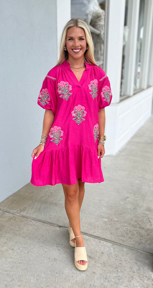 Fuchsia Floral Puff Sleeve Dress