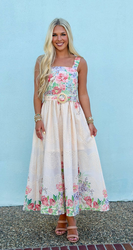 Floral Print Midi Dress With Buckle
