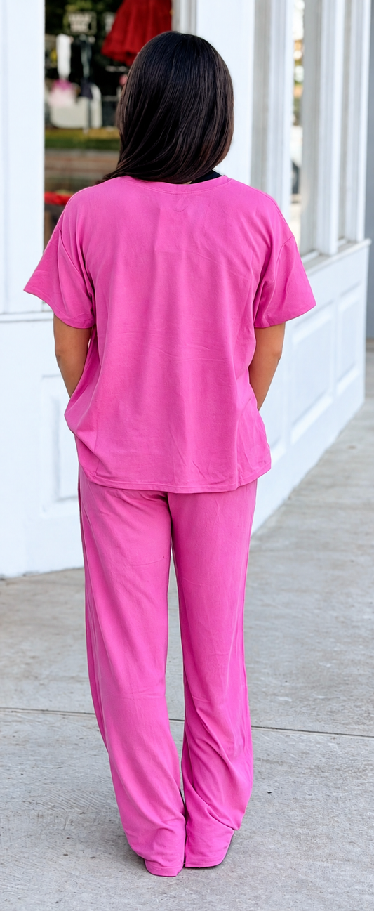 Soft Hacci Short Sleeve Top & Pants SET, Candy Pink