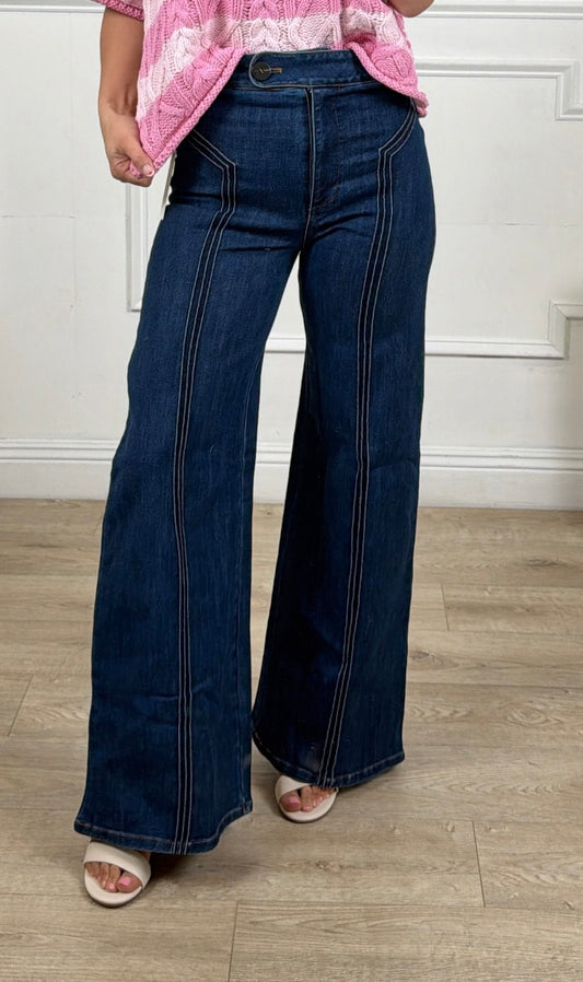 High Waisted Dark Denim Wide Leg Jeans