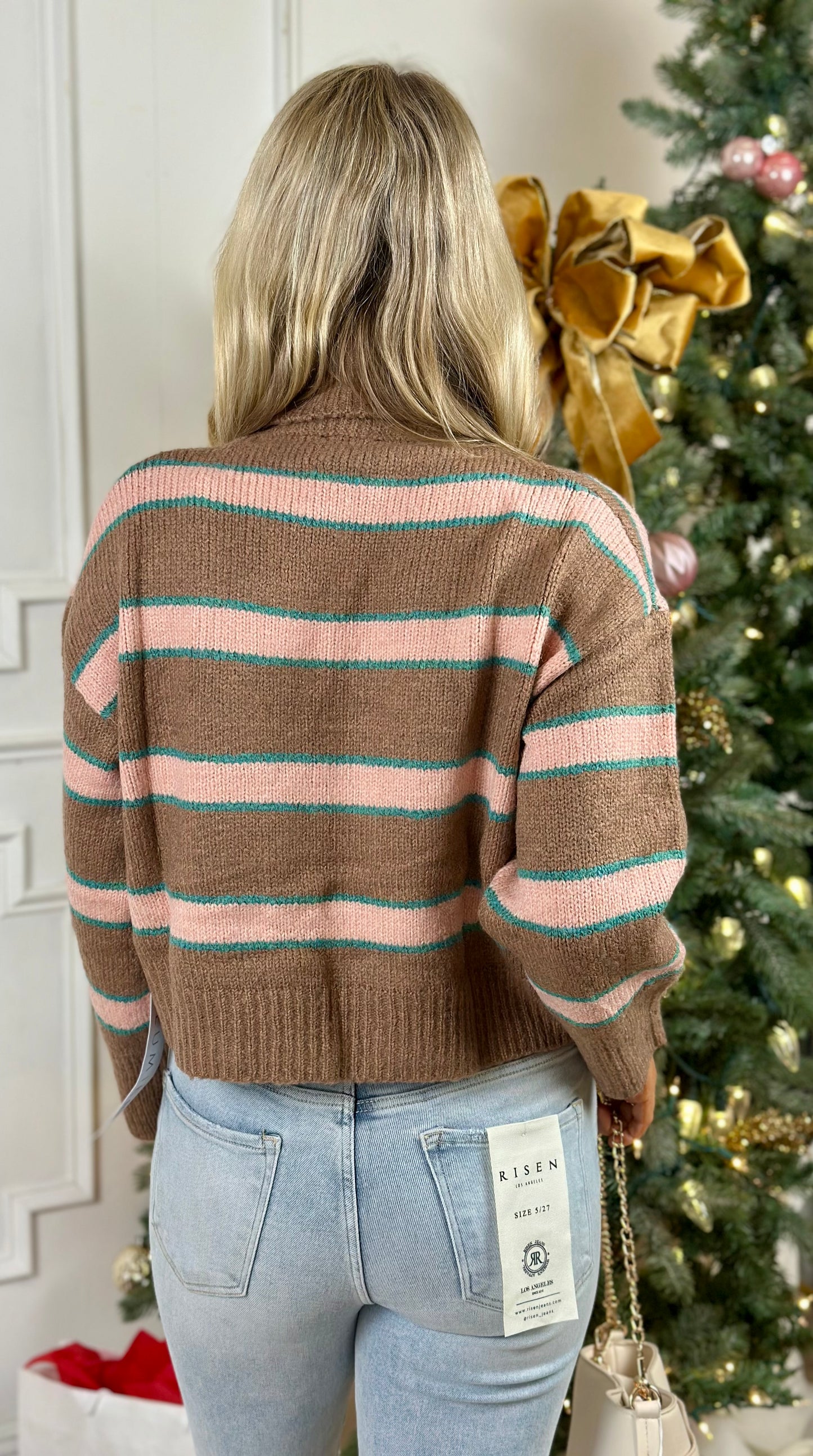 Stripe Turtleneck Sweater, Brown Combo