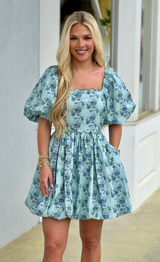Floral Print Poplin Scallop Bubble Hem Dress