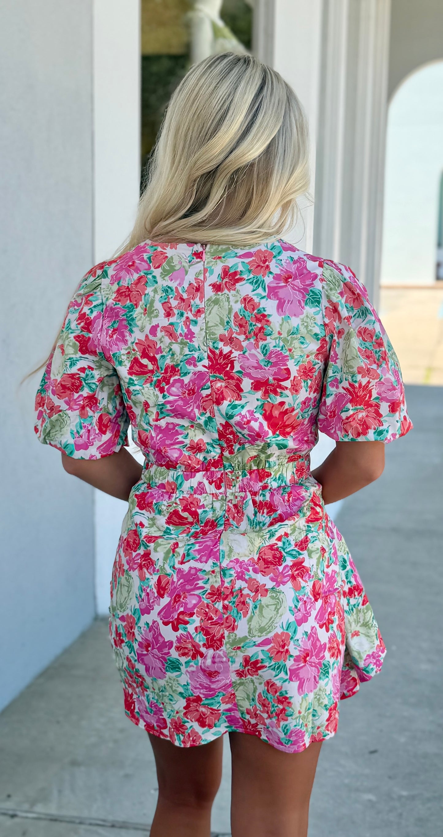 Pink Floral Ruched Short Sleeve Floral Voile Mini Dress