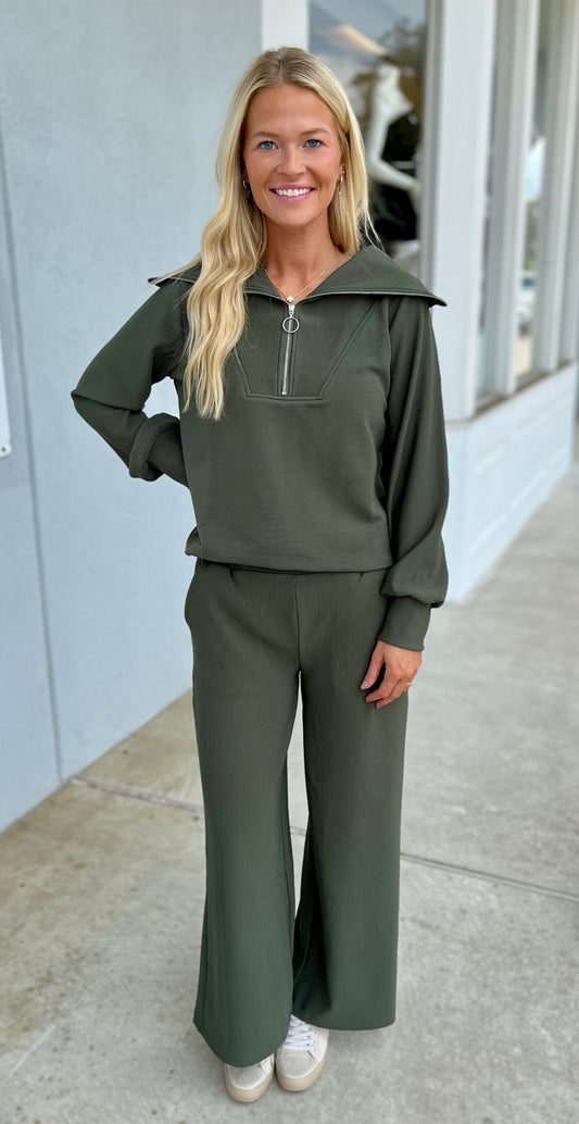 Ribbed High Neck Half Zip Top & Pants SET, Dk Olive