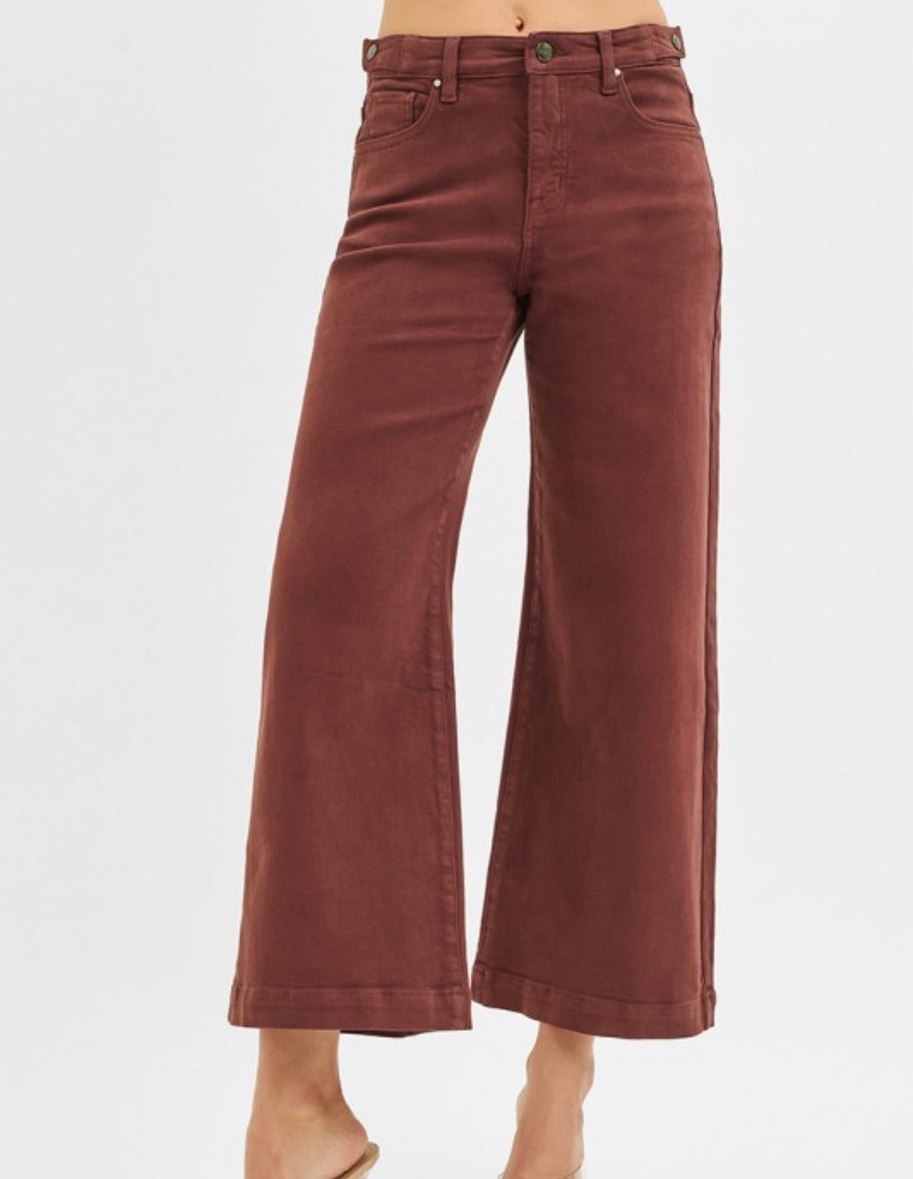 Choco Brown High Rise Crop Wide Adjustable Waist Jeans