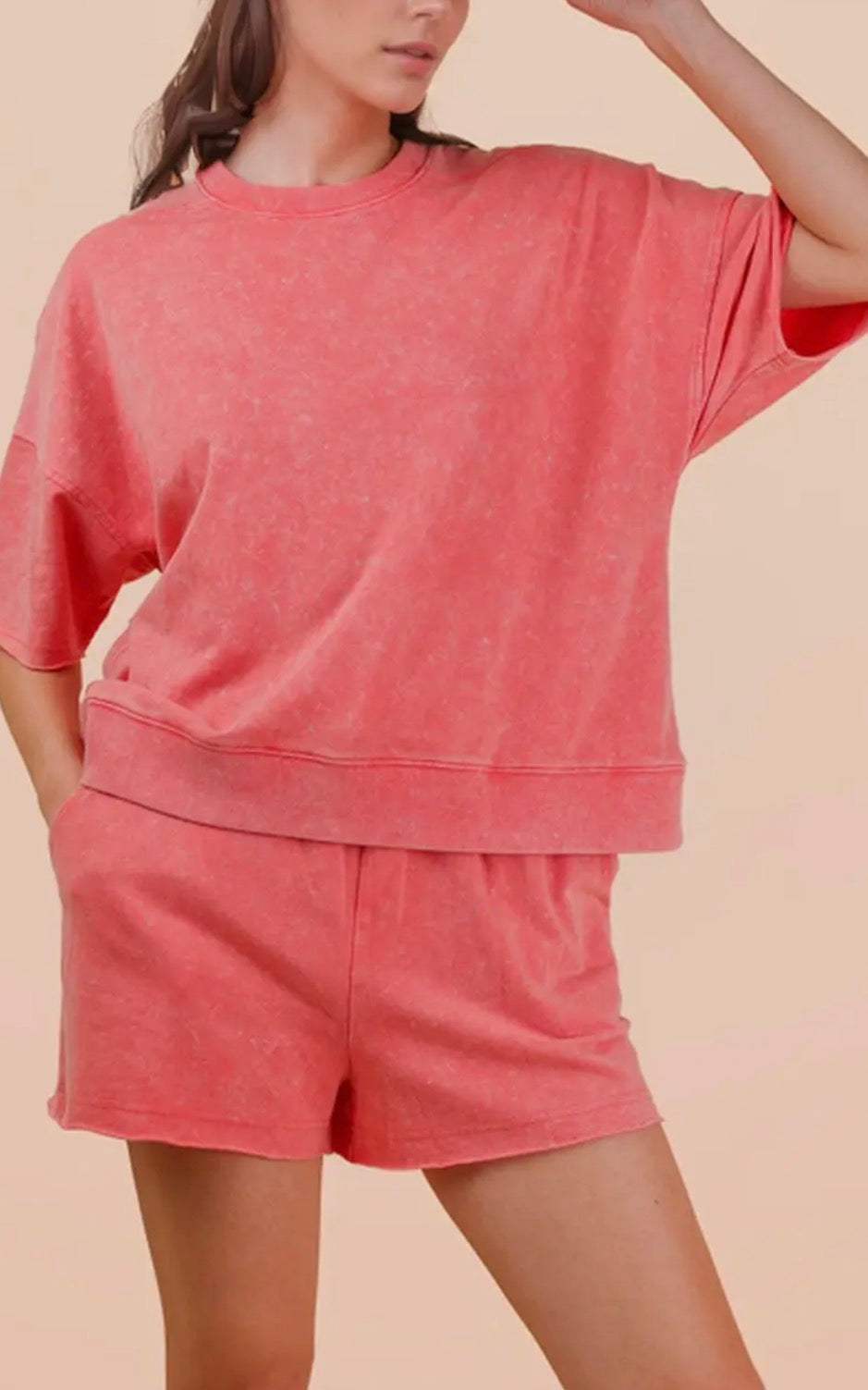 PLUS Mineral Washed Knit Casual Top & Shorts, Coral