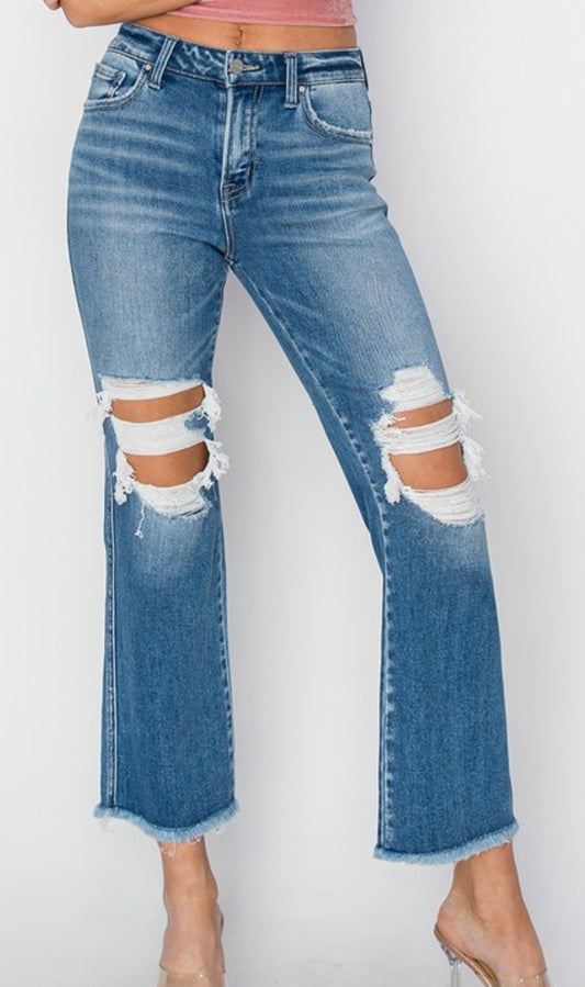 Medium Mid Rise Crop Flare Distressed Jeans