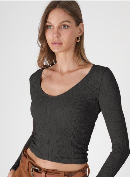Lace Textured V Neck Top , Black