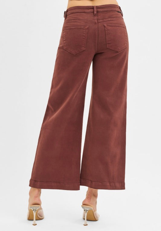 Choco Brown High Rise Crop Wide Adjustable Waist Jeans