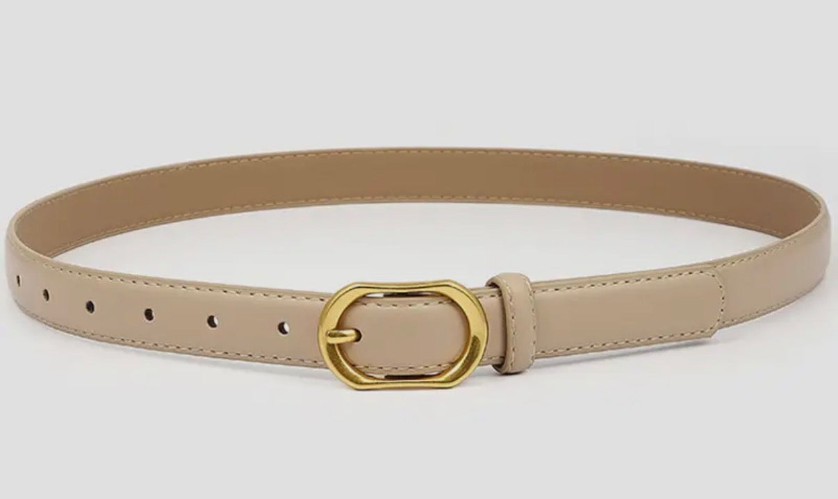 Gold Round Slim Belt , Beige