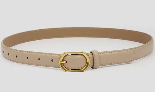 Gold Round Slim Belt , Beige