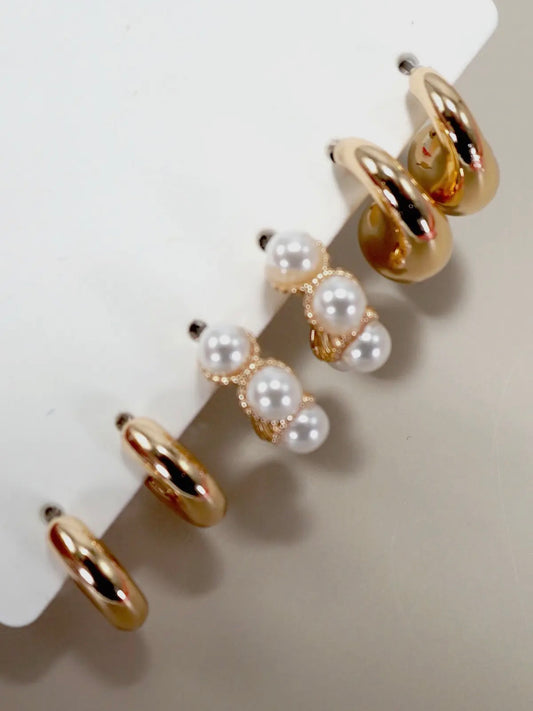 Gold Trio Huggie Pearl Gold Hoop