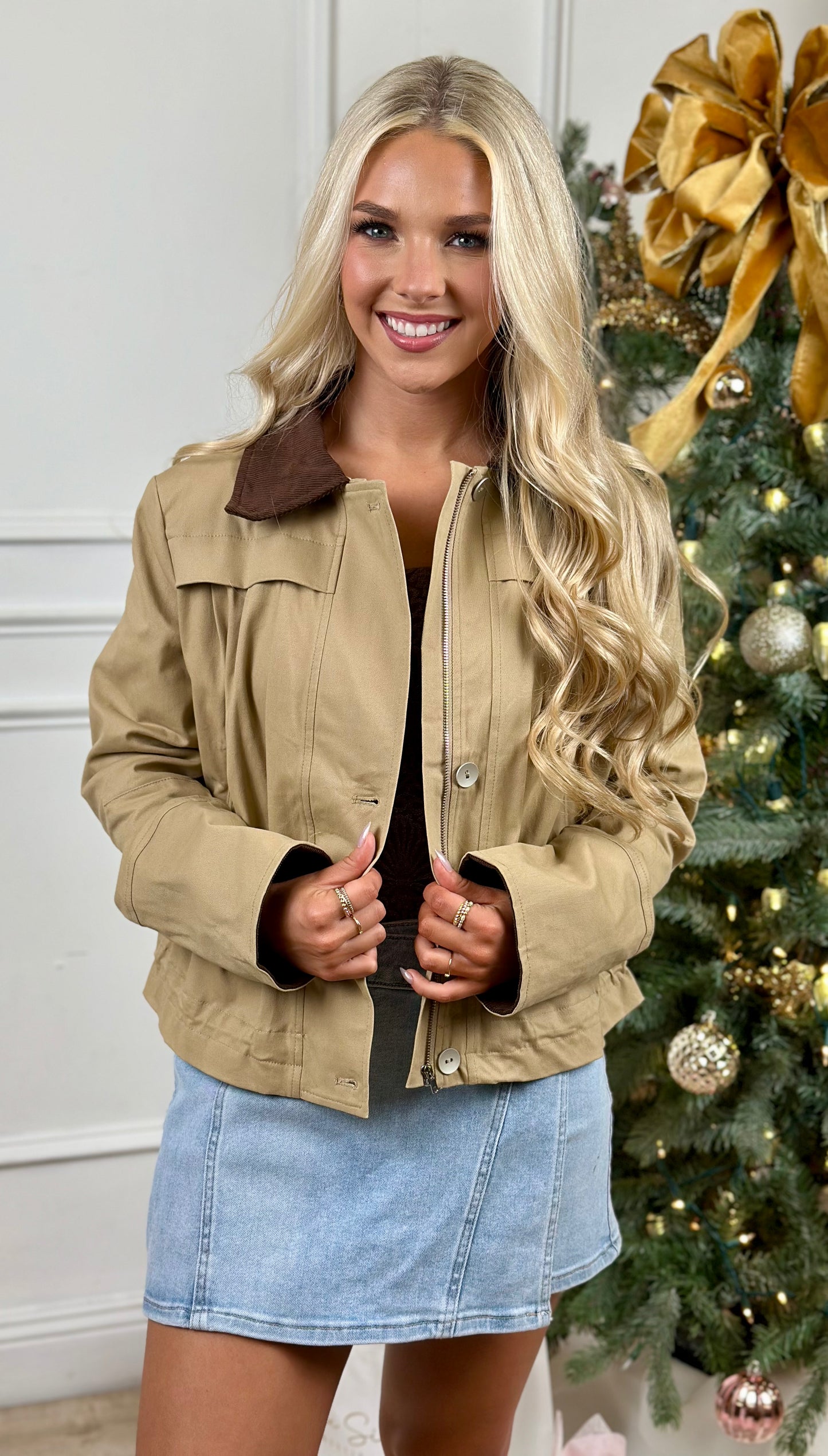 Khaki Corduroy Zip Up Jacket