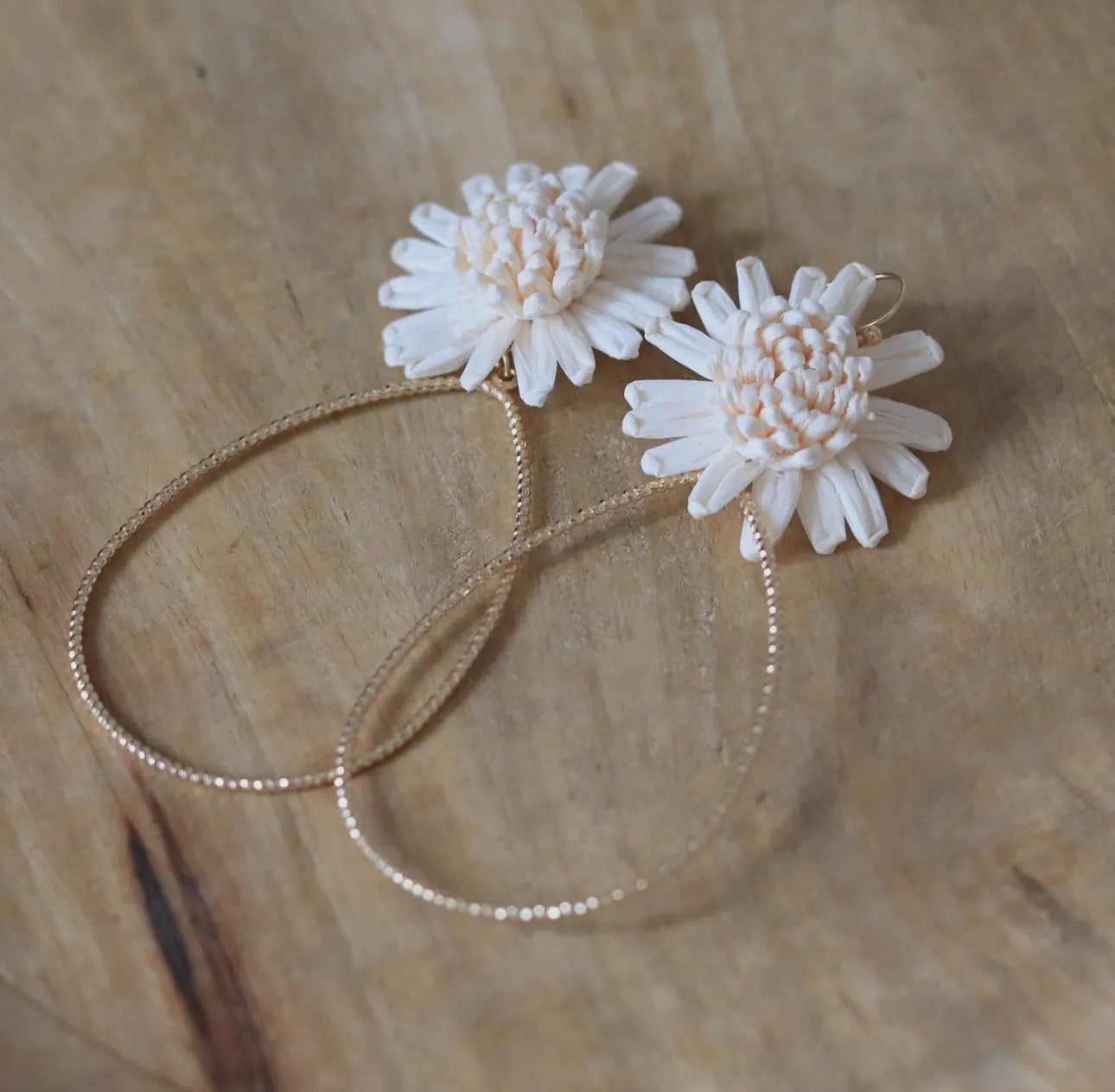Cream Raffia Flower Teardrop Earrings