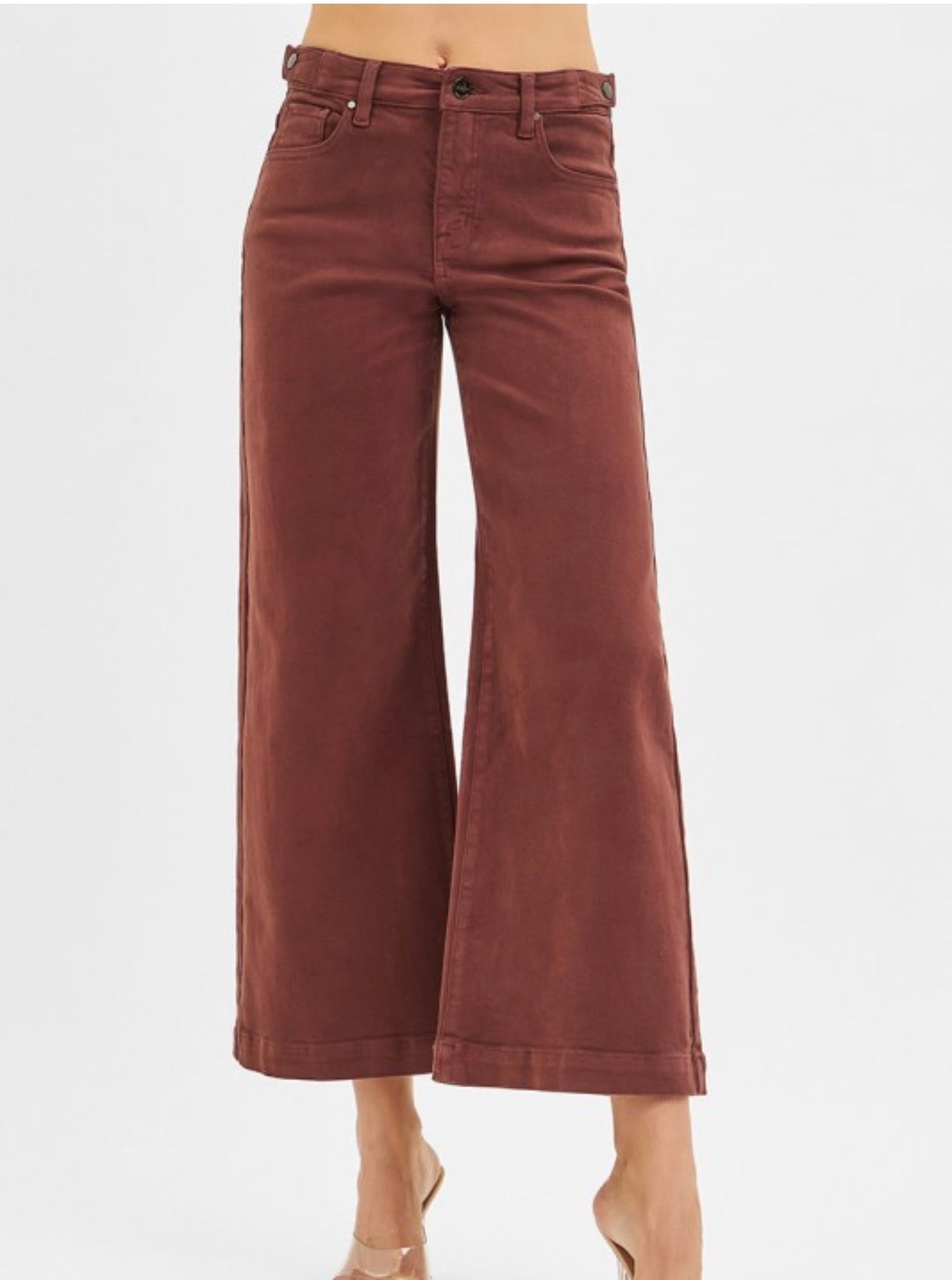 Choco Brown High Rise Crop Wide Adjustable Waist Jeans