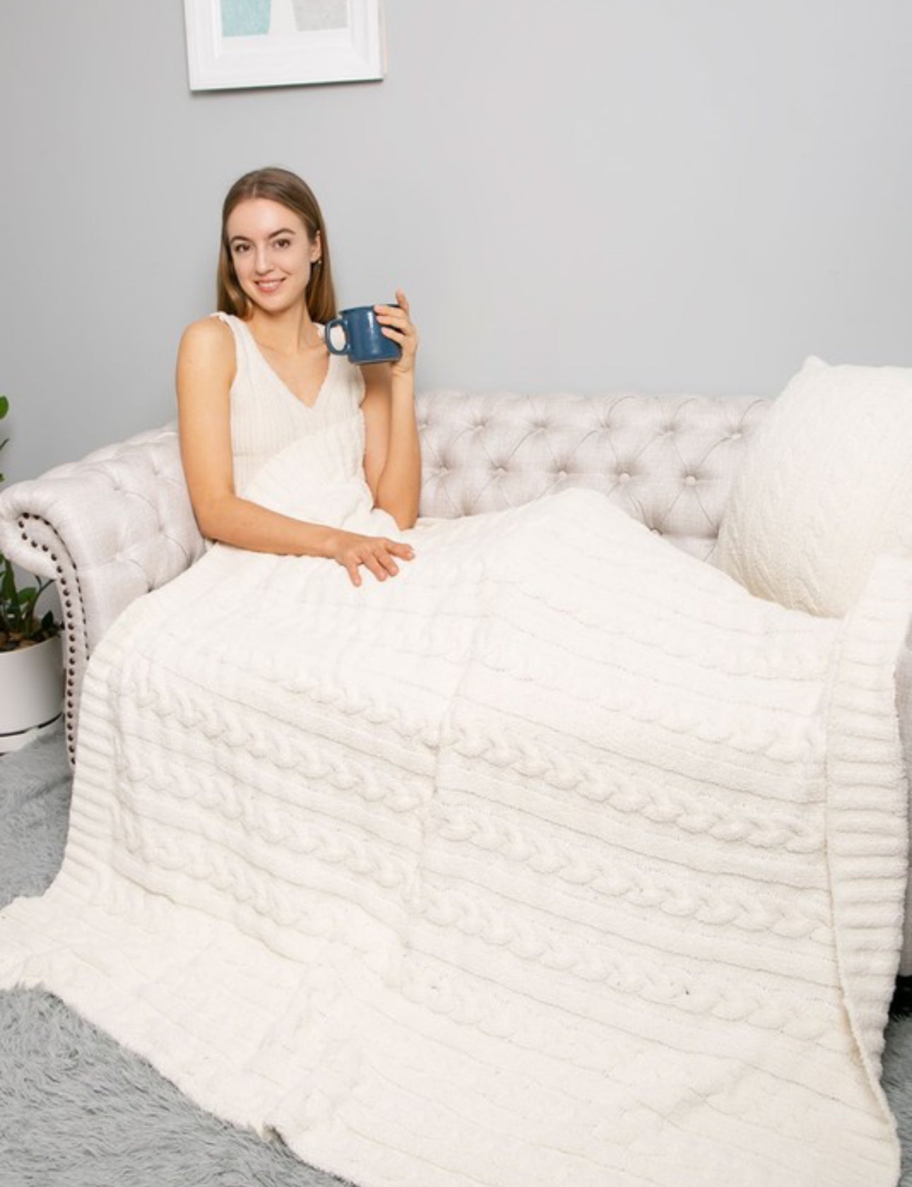 Ivory Braided Cable Knit Blanket