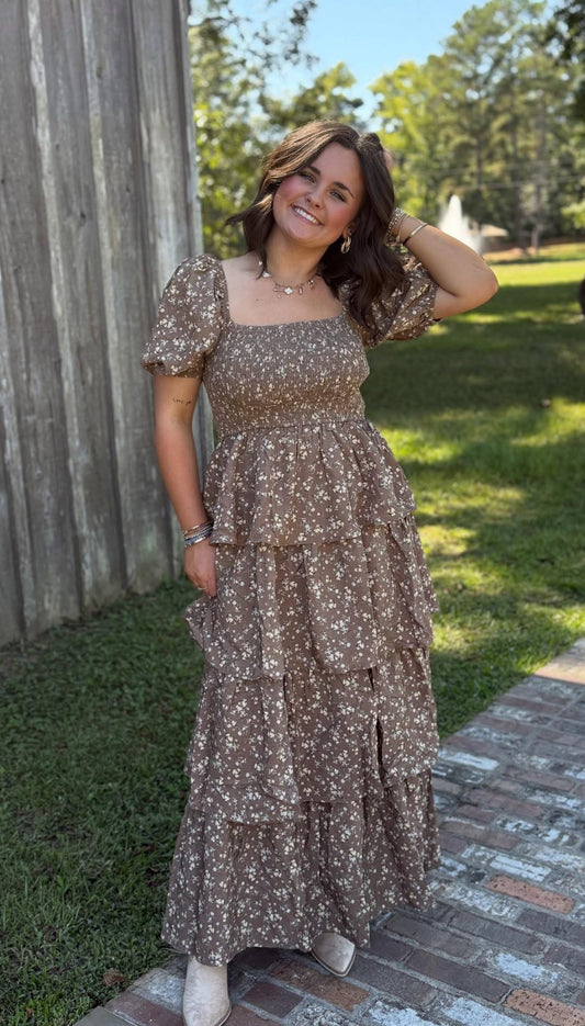 Floral Smocked Maxi Dress W Puff Sleeve