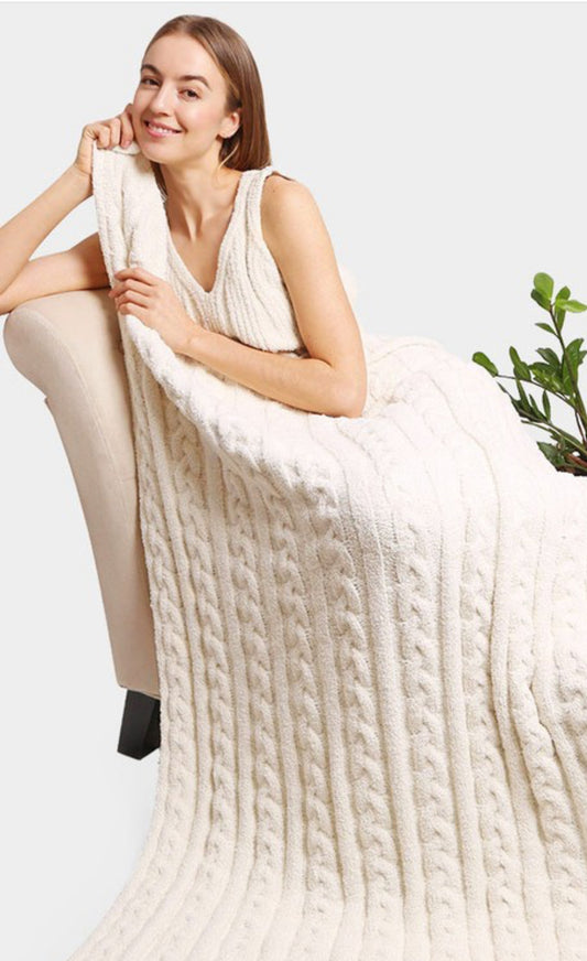 Ivory Braided Cable Knit Blanket