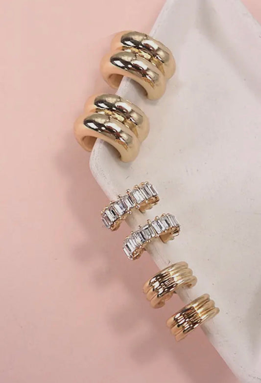 Gold Baugette Stone Double Hoop Trio