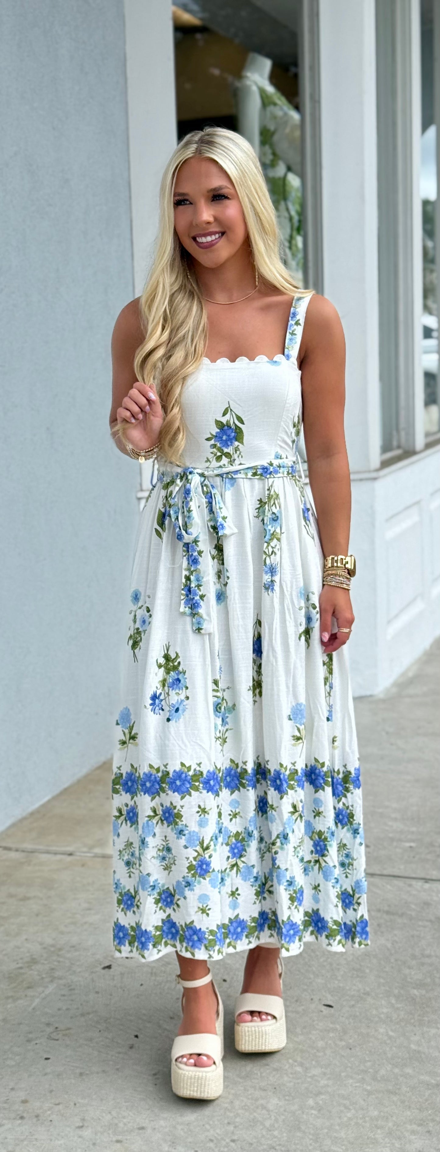 Blue Multi Floral Border Pattern Midi Dress