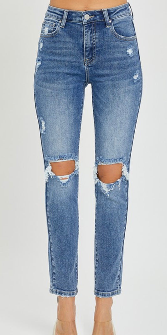 Medium High Rise Knee Distressed Skinny Jeans
