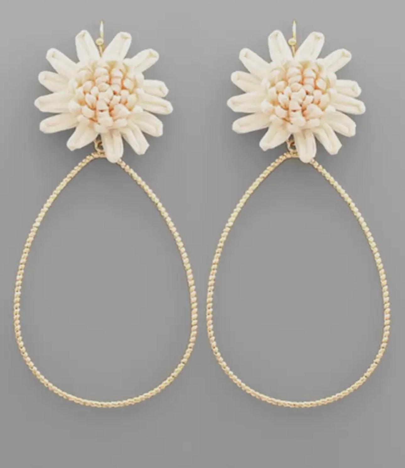 Cream Raffia Flower Teardrop Earrings
