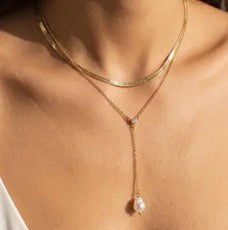 Layered Snake Chain Pearl Drop Y Necklace