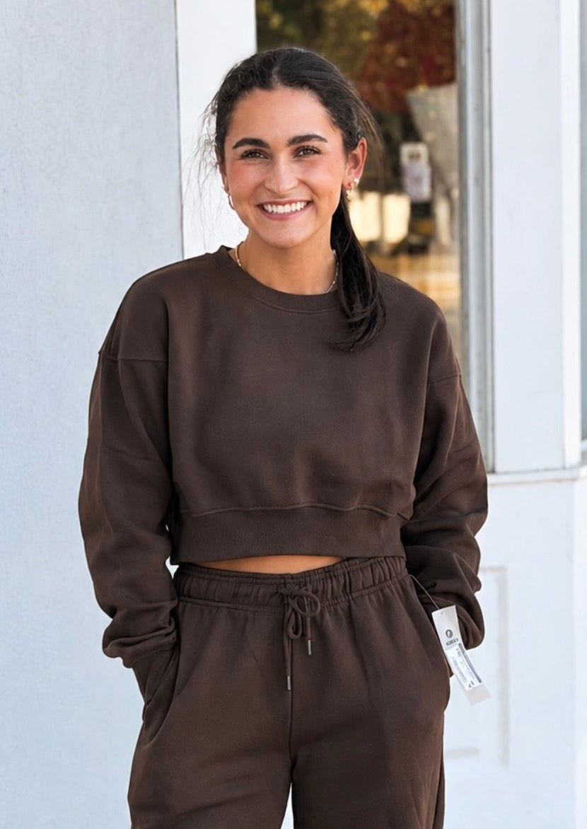 Cotton Fleece Cropped Sweatshirt, Coffee Bean