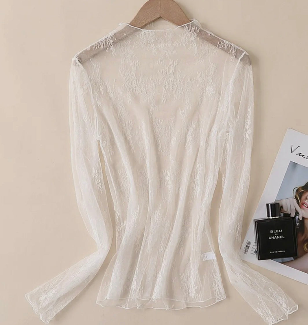 Lace Mesh Blouse , White