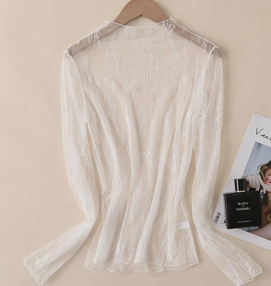 Lace Mesh Blouse , White