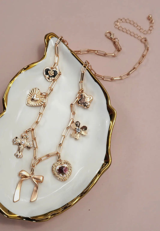 Gold Charm Porcelain Bow Necklace