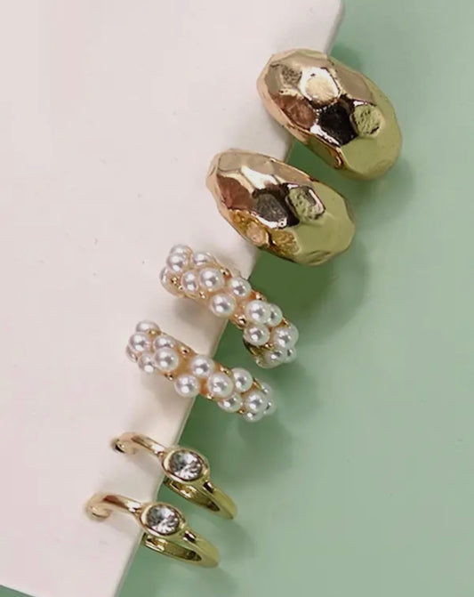 Gold Trio Pearl Diamond Hoops