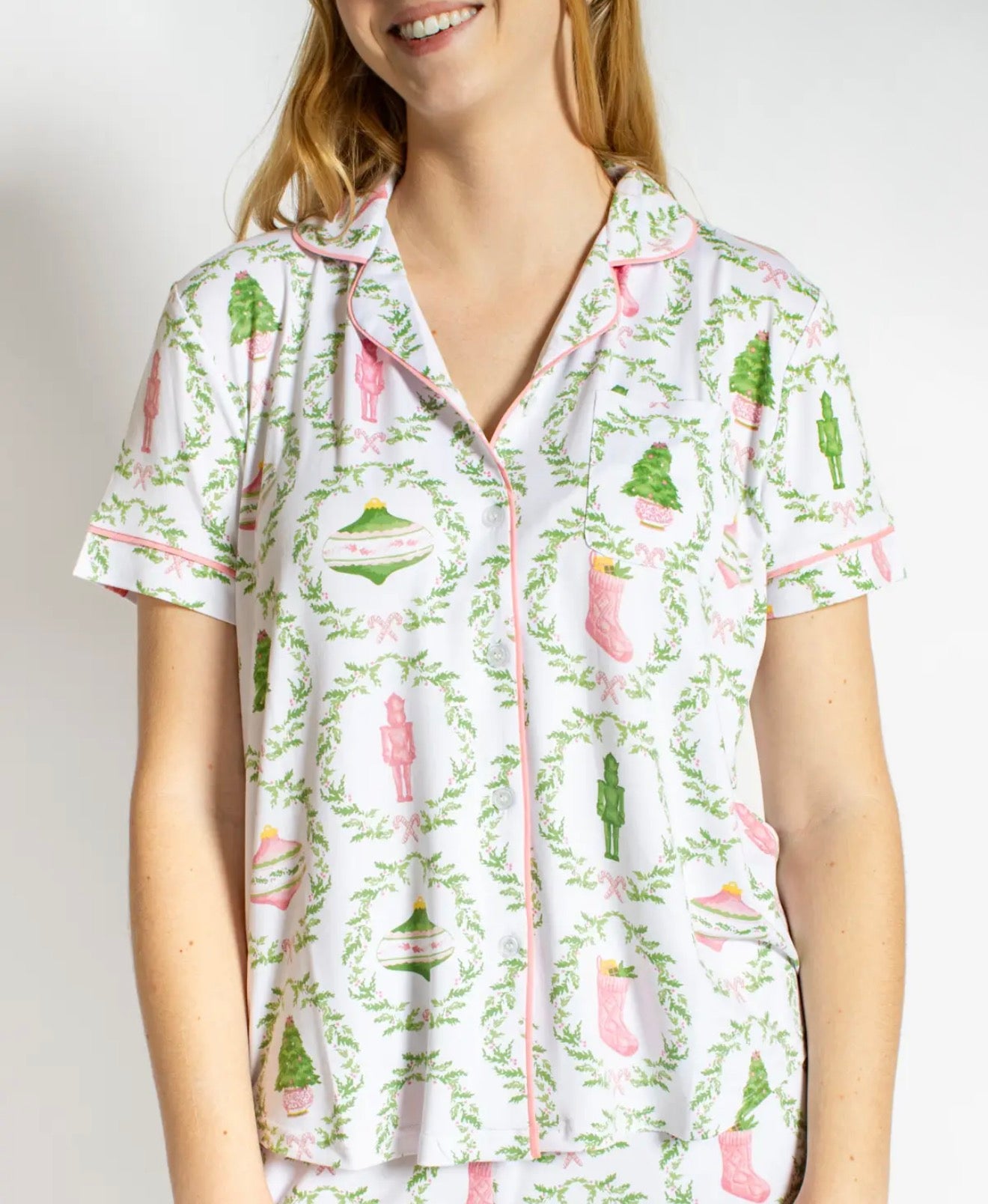 Nutcracker Trellis Short Sleeve Button Up Sleep Shirt