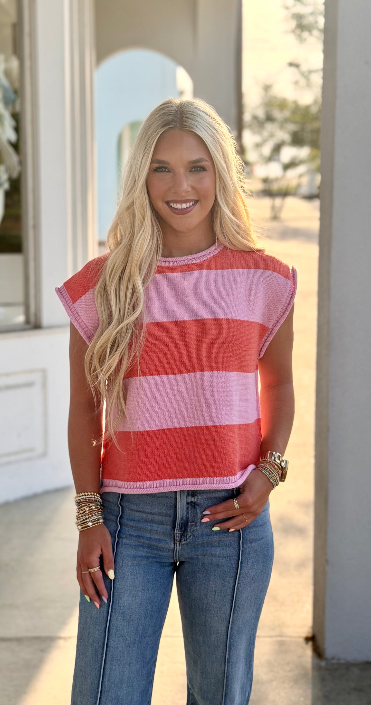 Striped Cap Sleeve Knit Top