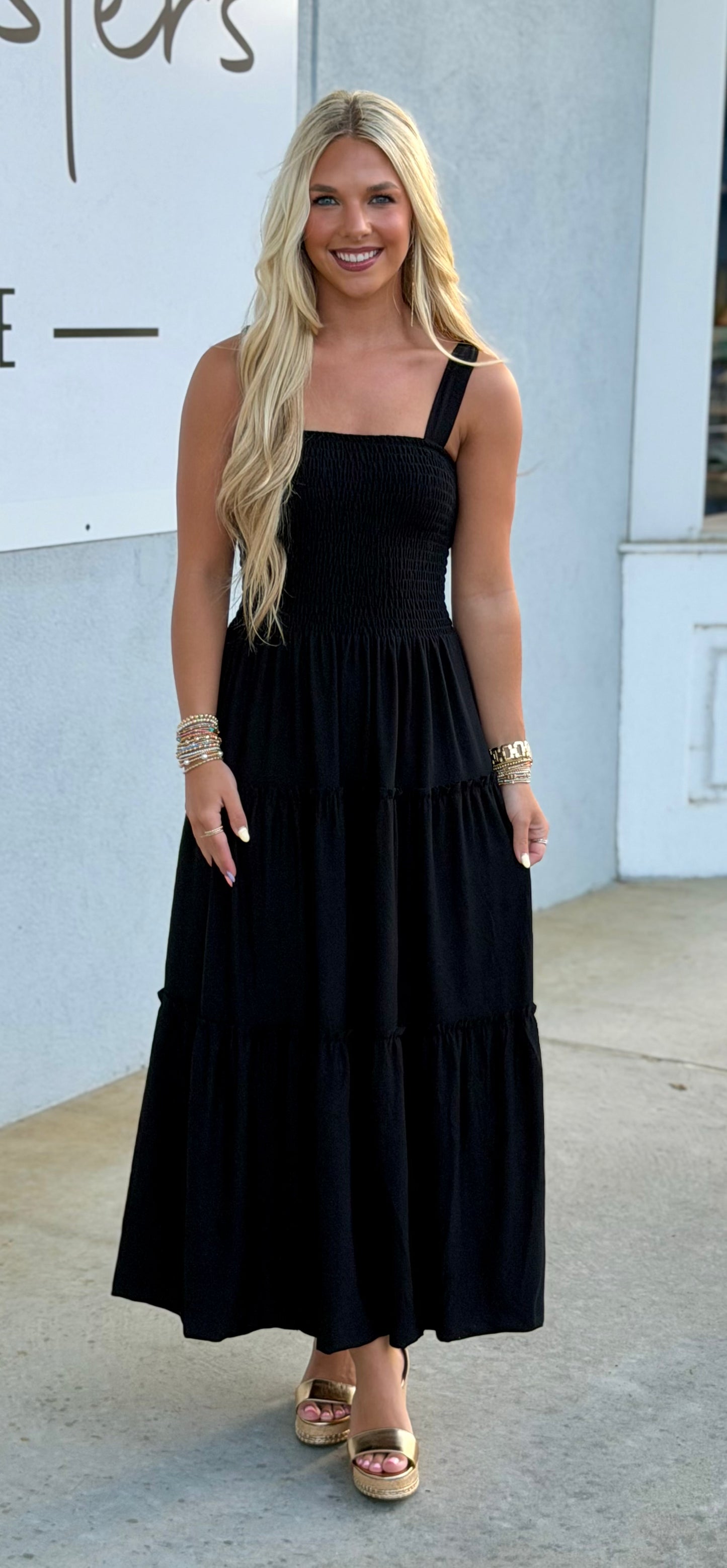 Black Smocked Tiered  Midi Dress