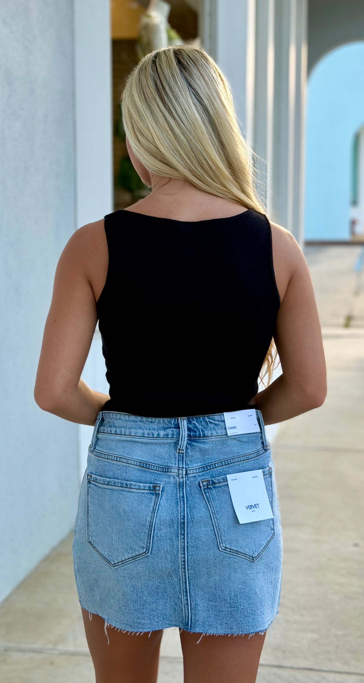 Denim Mid Rise Mini Skirt W/Rhinestones