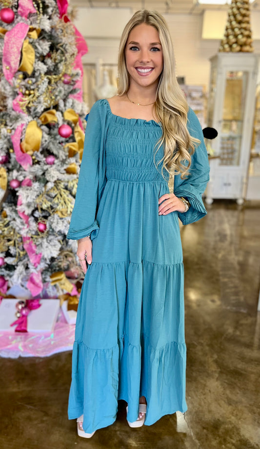 Dusty Slate Smocked Tiered Maxi Dress