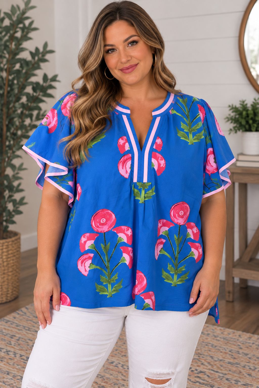 Plus Blossom Meadow Print V Neck Top