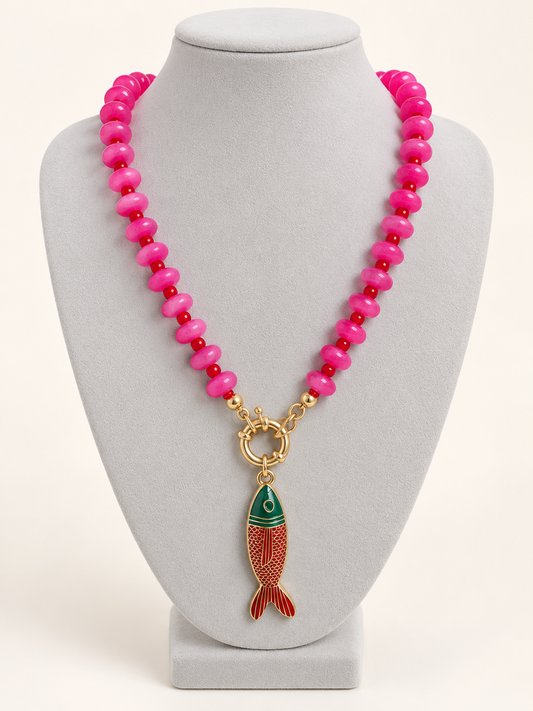 Fushcia Fish Beaded Necklace