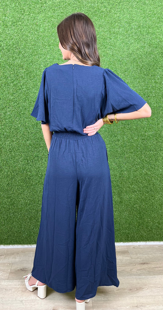 Smock Waist Wide Leg Jumpsuit , Navy