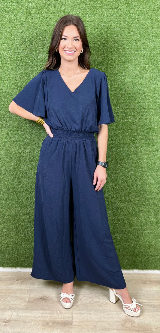 Smock Waist Wide Leg Jumpsuit , Navy