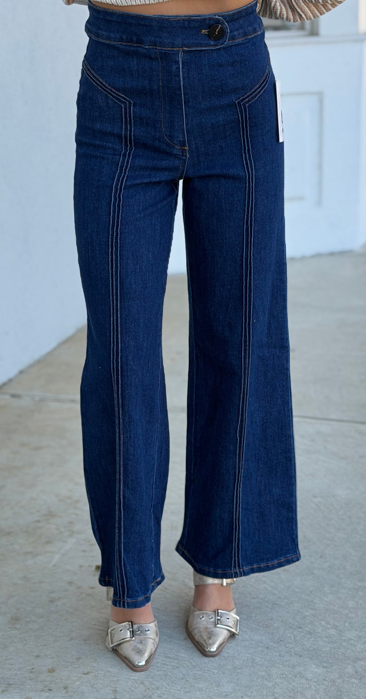 Petite Dark Denim High Waisted Contrast Stitch Jeans