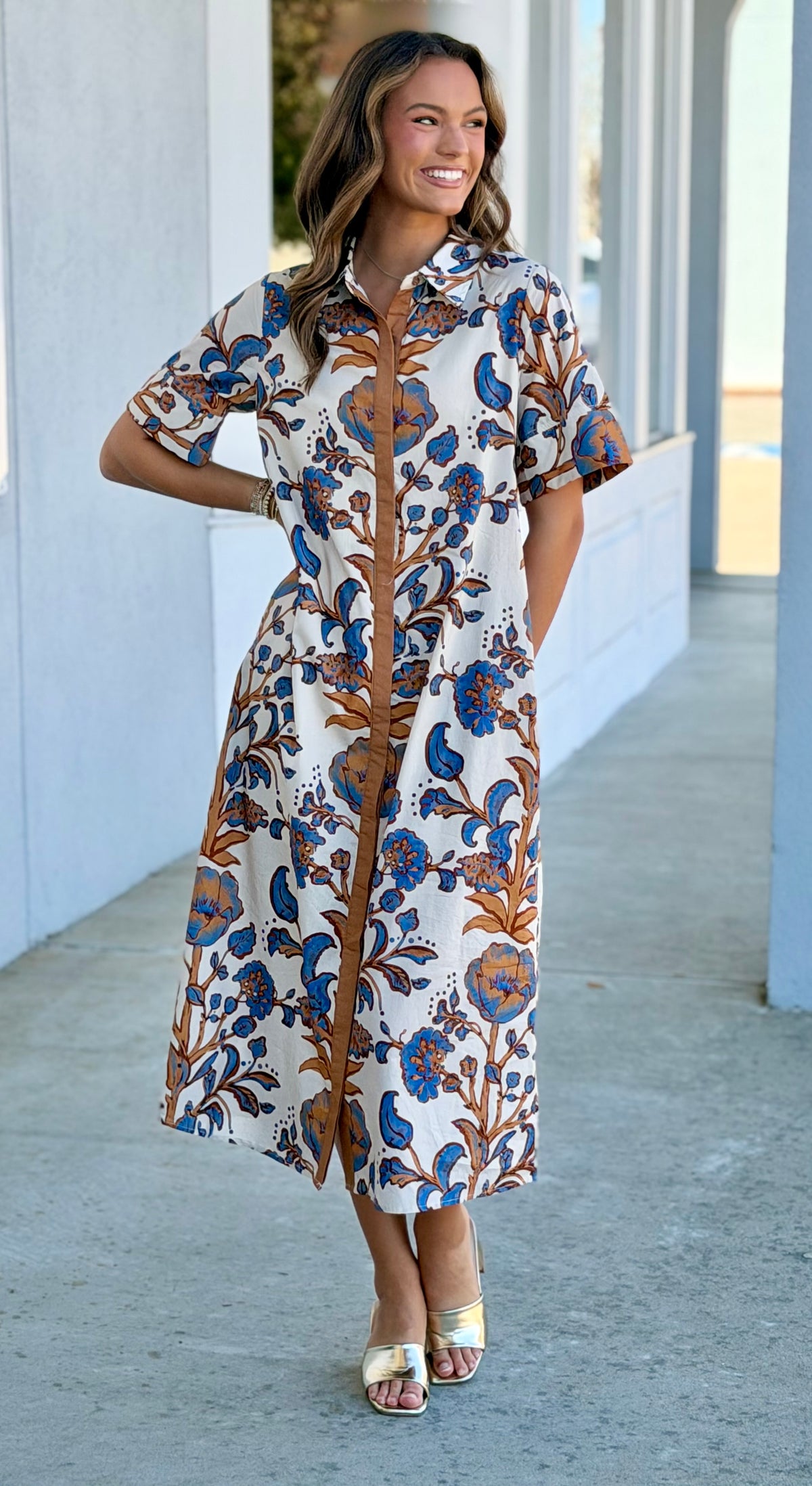 Ecru/Blue Floral Printed Maxi Dress